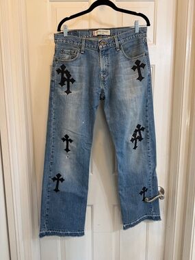 Levi's Light Blue Straight-Leg Jeans with Black Cross Motifs